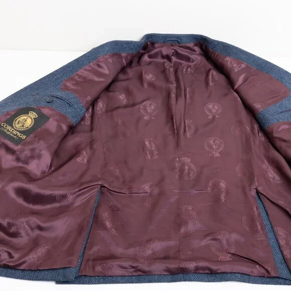 Cordings London Herringbone Tweed Blazer 44R Navy 100% Wool Jacket - Picture 11 of 15